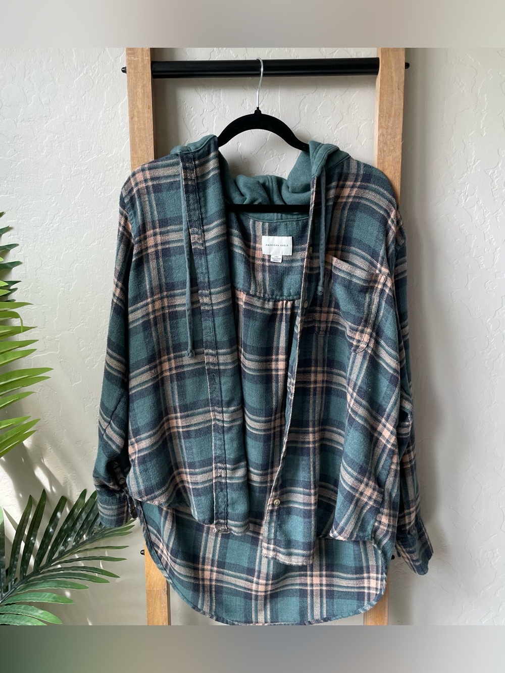 American Eagle Outfitters Green Plaid Hooded Shacket
